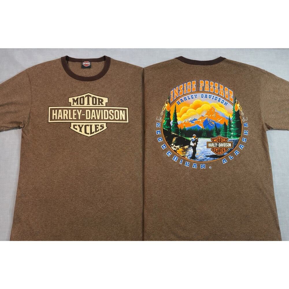 Harley Davidson T Shirt Mens XL Brown Ringer Alaskan Fisherman Graphic Back